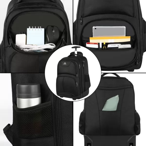 MATEIN Rolling Backpack 17 inch Water Resistant Wheeled Laptop Backpack Carry on Luggage Business Bag Overnight College Computer Backpack Trolley Suitcase for Men Women Adults to Travel BlackBlack