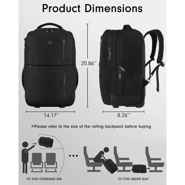 MATEIN Rolling Backpack Travel Laptop Backpack with Wheels Fits 17 Inch Computer Water Resistant Large Roller Carry On Luggage Wheeled Backpack Trolley Overnight Work Business College Bag BlackBlack