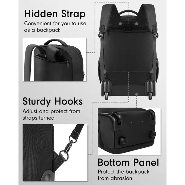 MATEIN Rolling Backpack Travel Laptop Backpack with Wheels Fits 17 Inch Computer Water Resistant Large Roller Carry On Luggage Wheeled Backpack Trolley Overnight Work Business College Bag BlackBlack