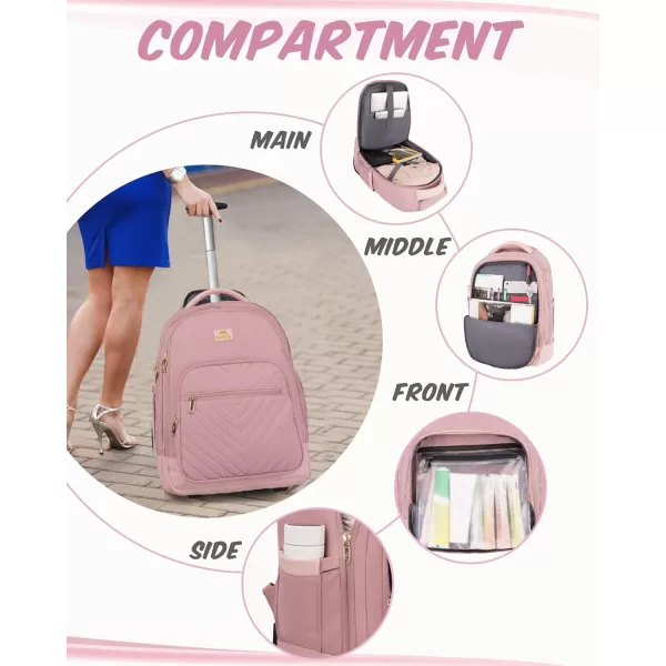 MATEIN Rolling Backpack for Women 17 Inch Travel Laptop Backpacks with Wheels Large Carry On Business Luggage Roller Backpack Waterproof Trolley Suitcase Overnight College Work Computer Bag PinkPink