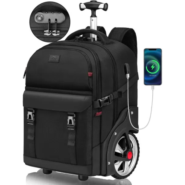 MATEIN Rolling Backpack for Adults with Wheels 17 Inch Large Wheeled Backpack with USB Charging Port ampamp Combination Lock Water Resistant Anti Theft Travel Laptop Backpack for Men Work Business Black