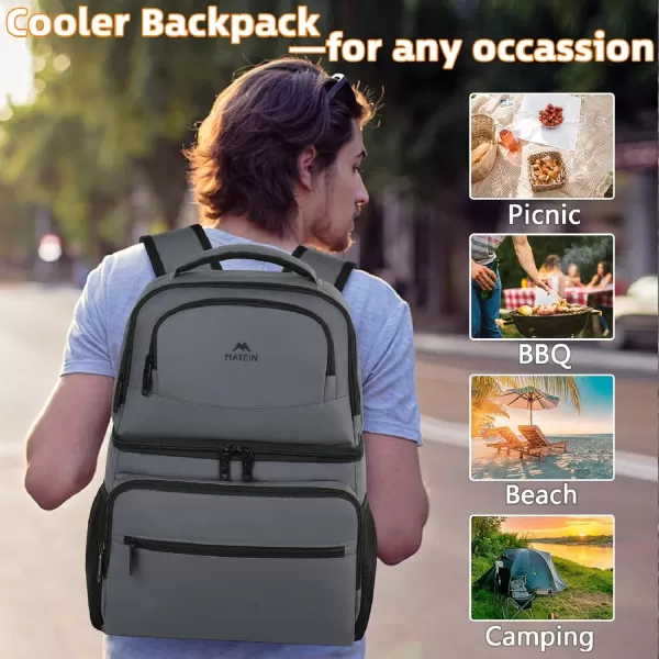 imageMATEIN Cooler Backpack 26 Cans Insulated Lunch Backpack for Men Women Leakproof Double Layer Lunch Cooler Bag Lightweight Soft Lunch Backpack with Cooler Compartment Beach Camping Hiking Beer GiftsAustere Grey