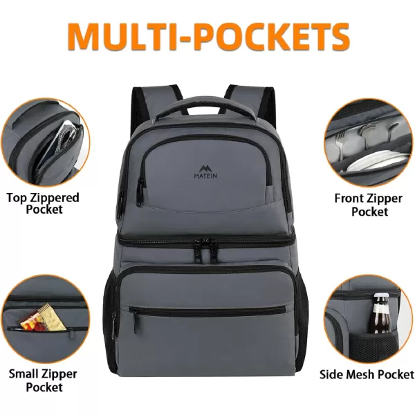 imageMATEIN Cooler Backpack 26 Cans Insulated Lunch Backpack for Men Women Leakproof Double Layer Lunch Cooler Bag Lightweight Soft Lunch Backpack with Cooler Compartment Beach Camping Hiking Beer GiftsAustere Grey