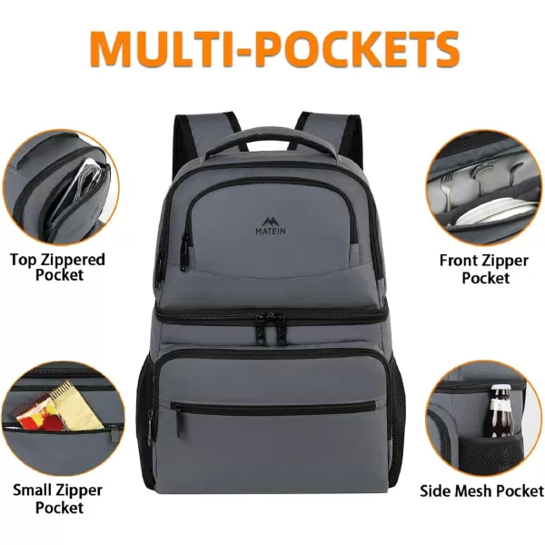 imageMATEIN Cooler Backpack 26 Cans Insulated Lunch Backpack for Men Women Leakproof Double Layer Lunch Cooler Bag Lightweight Soft Lunch Backpack with Cooler Compartment Beach Camping Hiking Beer GiftsAustere Grey