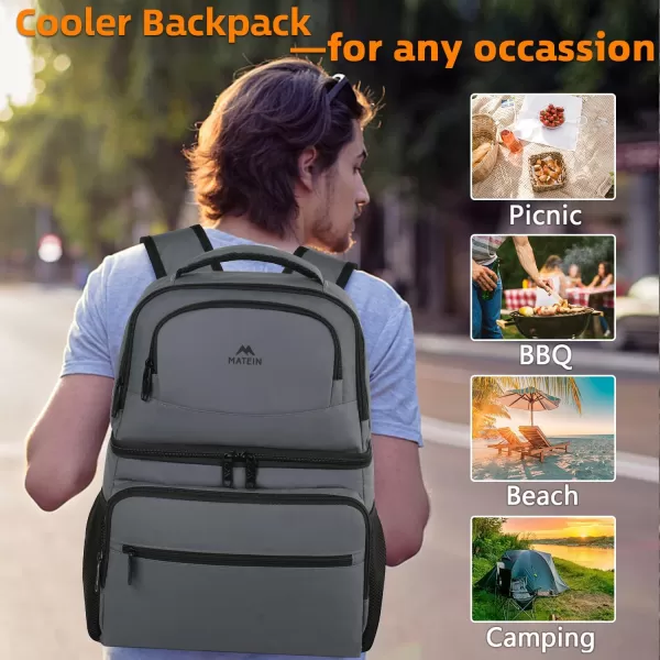 imageMATEIN Cooler Backpack 26 Cans Insulated Lunch Backpack for Men Women Leakproof Double Layer Lunch Cooler Bag Lightweight Soft Lunch Backpack with Cooler Compartment Beach Camping Hiking Beer GiftsAustere Grey