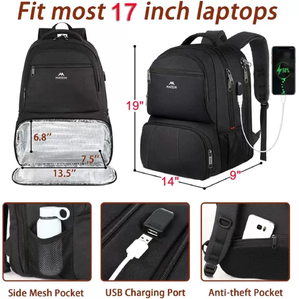 imageMATEIN Lunch Backpack for Men Work 17 Inch Insulated Cooler Backpack Lunch Box with USB Charging Port Water Resistant Laptop Backpack Computer Bag Meal Prep Backpack for Picnic College Travel BlackBlack