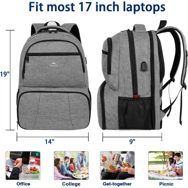 imageMATEIN Lunch Backpack for Men Work 17 Inch Insulated Cooler Backpack Lunch Box with USB Charging Port Water Resistant Laptop Backpack Computer Bag Meal Prep Backpack for Picnic College Travel BlackGrey