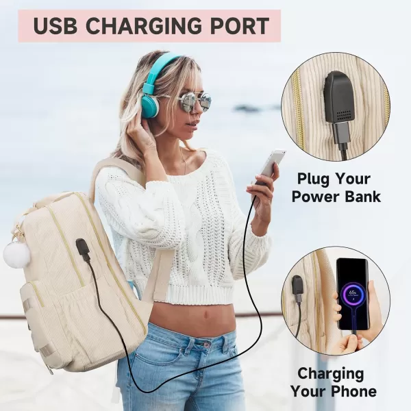 imageMATEIN School Backpack for Girls 156 Inch Cute College Backpack Corduroy Computer Bookbag with USB Charging Port TSA Lightweight Kawaii Travel Laptop Backpack Aesthetic for Teens Students BeigeBeige