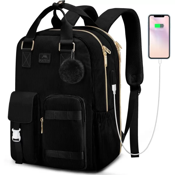 imageMATEIN School Backpack for Girls 156 Inch Cute College Backpack Corduroy Computer Bookbag with USB Charging Port TSA Lightweight Kawaii Travel Laptop Backpack Aesthetic for Teens Students BeigeBlack