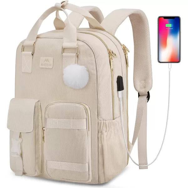 imageMATEIN School Backpack for Girls 156 Inch Cute College Backpack Corduroy Computer Bookbag with USB Charging Port TSA Lightweight Kawaii Travel Laptop Backpack Aesthetic for Teens Students BeigeBeige