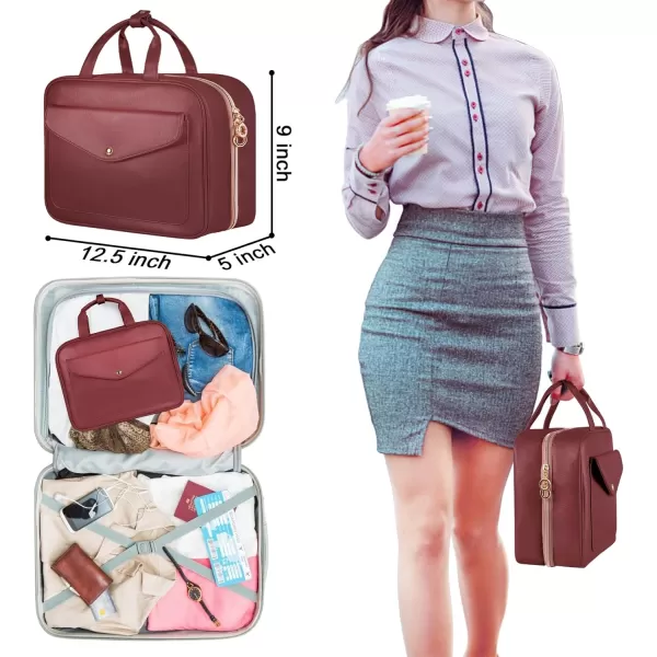 imageMATEIN Travel Toiletry Bag for Women 9L Faux Leather Hanging Makeup Bag with Metal Snap Handle Large Waterproof Cosmetic Bags Multiple Traveling Organizer Container for Toiletries Accessories PinkWine Red