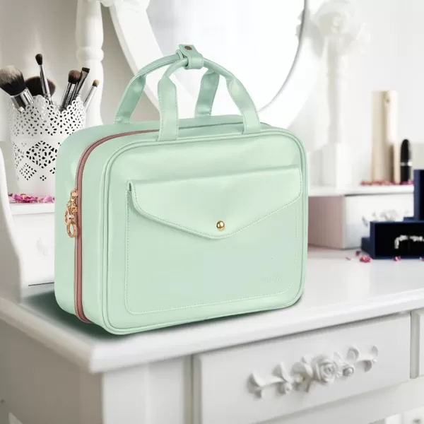 imageMATEIN Travel Toiletry Bag for Women 9L Faux Leather Hanging Makeup Bag with Metal Snap Handle Large Waterproof Cosmetic Bags Multiple Traveling Organizer Container for Toiletries Accessories PinkMint Green