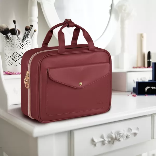 imageMATEIN Travel Toiletry Bag for Women 9L Faux Leather Hanging Makeup Bag with Metal Snap Handle Large Waterproof Cosmetic Bags Multiple Traveling Organizer Container for Toiletries Accessories PinkWine Red
