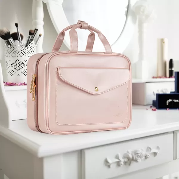 imageMATEIN Travel Toiletry Bag for Women 9L Faux Leather Hanging Makeup Bag with Metal Snap Handle Large Waterproof Cosmetic Bags Multiple Traveling Organizer Container for Toiletries Accessories PinkAustere Pink