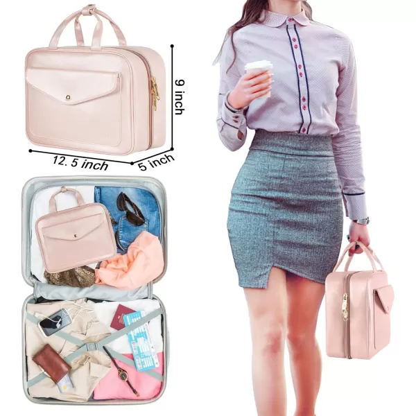 imageMATEIN Travel Toiletry Bag for Women 9L Faux Leather Hanging Makeup Bag with Metal Snap Handle Large Waterproof Cosmetic Bags Multiple Traveling Organizer Container for Toiletries Accessories PinkAustere Pink