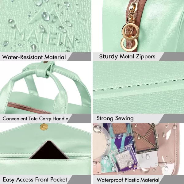 imageMATEIN Travel Toiletry Bag for Women 9L Faux Leather Hanging Makeup Bag with Metal Snap Handle Large Waterproof Cosmetic Bags Multiple Traveling Organizer Container for Toiletries Accessories PinkMint Green