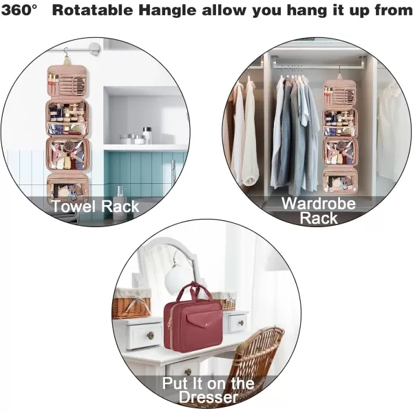 imageMATEIN Travel Toiletry Bag for Women 9L Faux Leather Hanging Makeup Bag with Metal Snap Handle Large Waterproof Cosmetic Bags Multiple Traveling Organizer Container for Toiletries Accessories PinkWine Red