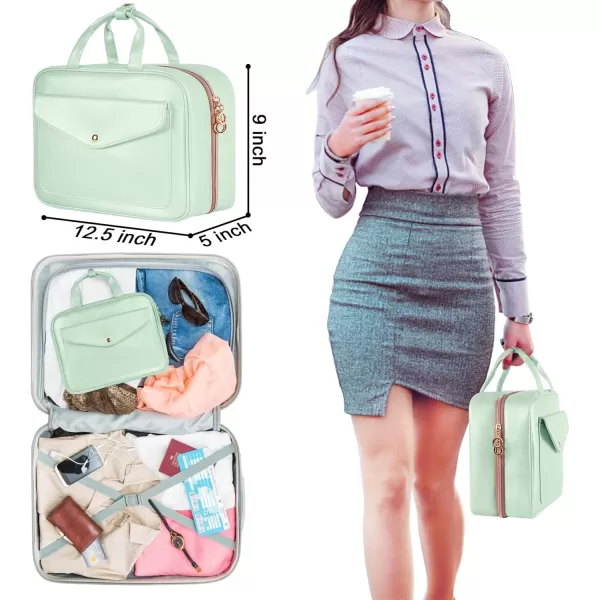 imageMATEIN Travel Toiletry Bag for Women 9L Faux Leather Hanging Makeup Bag with Metal Snap Handle Large Waterproof Cosmetic Bags Multiple Traveling Organizer Container for Toiletries Accessories PinkMint Green