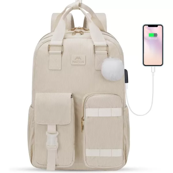 imageMATEIN School Backpack for Girls 156 Inch Cute College Backpack Corduroy Computer Bookbag with USB Charging Port TSA Lightweight Kawaii Travel Laptop Backpack Aesthetic for Teens Students BeigeBeige