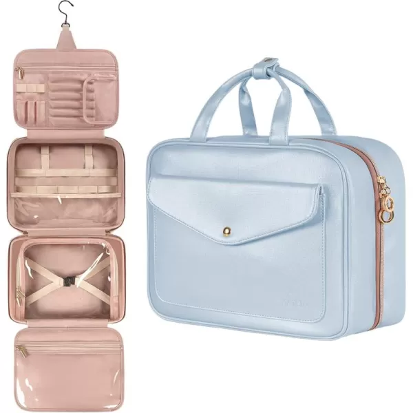 imageMATEIN Travel Toiletry Bag for Women 9L Faux Leather Hanging Makeup Bag with Metal Snap Handle Large Waterproof Cosmetic Bags Multiple Traveling Organizer Container for Toiletries Accessories PinkBlue