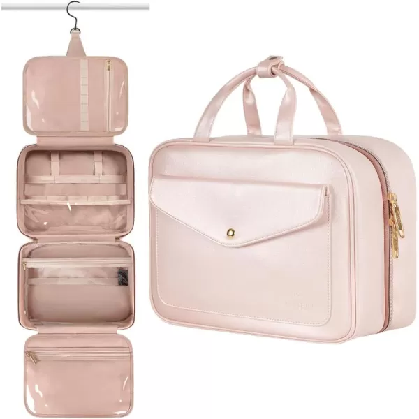 imageMATEIN Travel Toiletry Bag for Women 9L Faux Leather Hanging Makeup Bag with Metal Snap Handle Large Waterproof Cosmetic Bags Multiple Traveling Organizer Container for Toiletries Accessories PinkAustere Pink