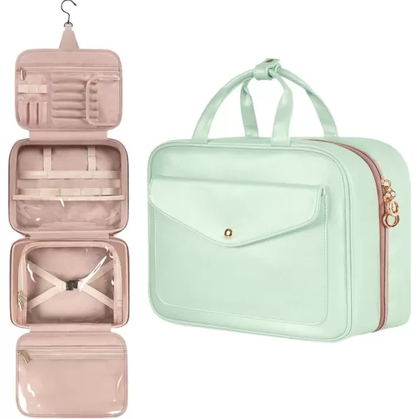 imageMATEIN Travel Toiletry Bag for Women 9L Faux Leather Hanging Makeup Bag with Metal Snap Handle Large Waterproof Cosmetic Bags Multiple Traveling Organizer Container for Toiletries Accessories PinkMint Green