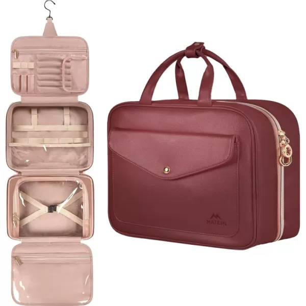 imageMATEIN Travel Toiletry Bag for Women 9L Faux Leather Hanging Makeup Bag with Metal Snap Handle Large Waterproof Cosmetic Bags Multiple Traveling Organizer Container for Toiletries Accessories PinkWine Red