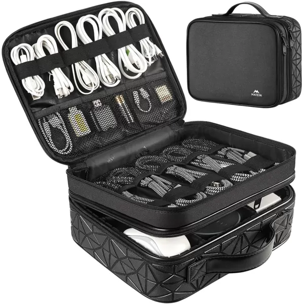 imageMATEIN Cable Organizer Bag Waterproof Travel Electronic Storage with Adjustable Divider Shockproof Portable Double Layer Tech Bag Carrying Case for Cord Earbuds Charger SD Card Tech Gifts BlackBlack