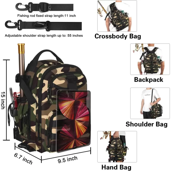 imageMATEIN Fishing Backpack Tackle Bag Small Convertible Fishing Sling Bag Tackle Box with Rod Holder Fishing Gifts for Men WaterResistant Tackle Storage Bags Hold Fish Gear Accessories Camouflage