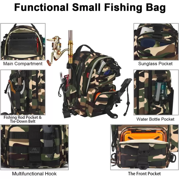 imageMATEIN Fishing Backpack Tackle Bag Small Convertible Fishing Sling Bag Tackle Box with Rod Holder Fishing Gifts for Men WaterResistant Tackle Storage Bags Hold Fish Gear Accessories Camouflage