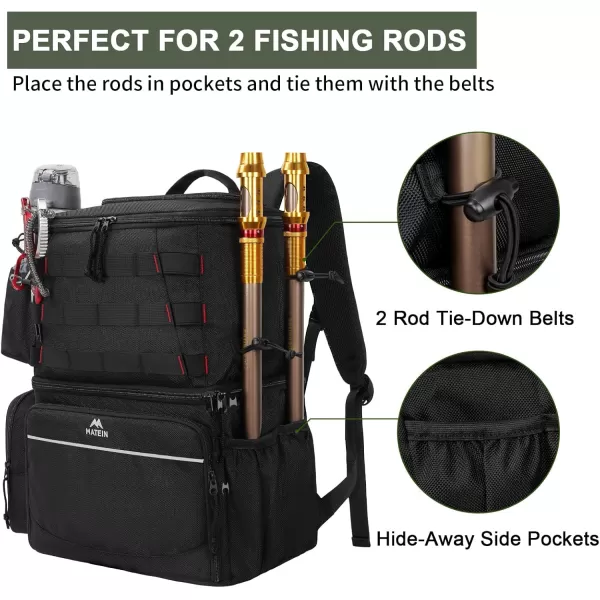 imageMATEIN Fishing Backpack Water Resistant Fishing Tackle Box Bag with Rod Holders ampamp Cooler Gear Gifts for MenBlack