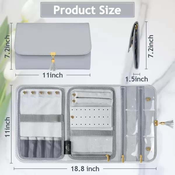 imageMATEIN Jewelry Organizer for Travel Womens PU Leather Large Jewerly Holder with Tassel Travel Necklace Earring Ring Bracelet Storage Case PurpleGrey