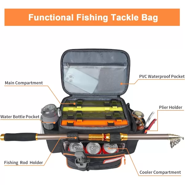 imageMATEIN Tackle Bag with Cooler ampamp Rod Holder Fishing Gifts for Men Unique Saltwater Resistant Waterproof Fishing Tackle Storage Carrying Case with Shoulder Strap for Trays and Fish Gear Black
