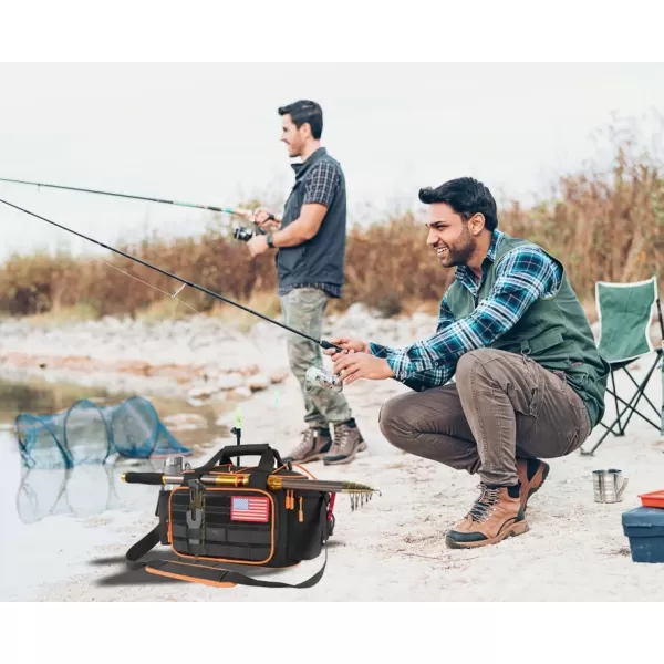 imageMATEIN Tackle Bag with Cooler ampamp Rod Holder Fishing Gifts for Men Unique Saltwater Resistant Waterproof Fishing Tackle Storage Carrying Case with Shoulder Strap for Trays and Fish Gear Black