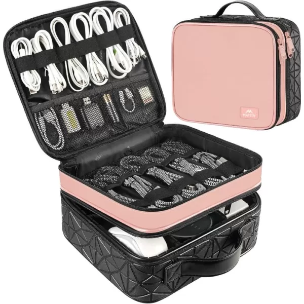 imageMATEIN Cable Organizer Bag Waterproof Travel Electronic Storage with Adjustable Divider Shockproof Portable Double Layer Tech Bag Carrying Case for Cord Earbuds Charger SD Card Tech Gifts BlackPink