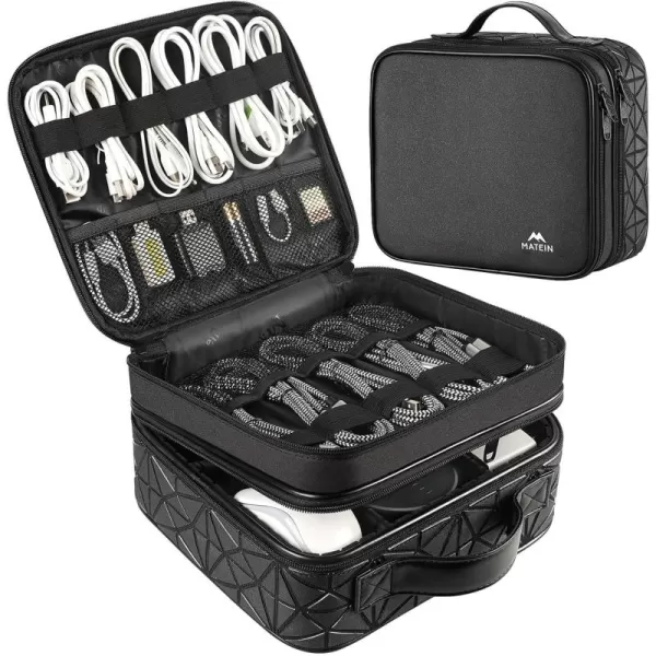 imageMATEIN Cable Organizer Bag Waterproof Travel Electronic Storage with Adjustable Divider Shockproof Portable Double Layer Tech Bag Carrying Case for Cord Earbuds Charger SD Card Tech Gifts BlackBlack
