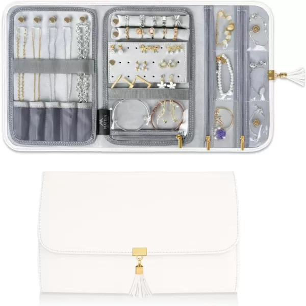 imageMATEIN Jewelry Organizer for Travel Womens PU Leather Large Jewerly Holder with Tassel Travel Necklace Earring Ring Bracelet Storage Case PurpleBeige