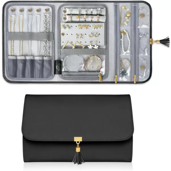 imageMATEIN Jewelry Organizer for Travel Womens PU Leather Large Jewerly Holder with Tassel Travel Necklace Earring Ring Bracelet Storage Case PurpleBlack