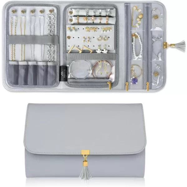 imageMATEIN Jewelry Organizer for Travel Womens PU Leather Large Jewerly Holder with Tassel Travel Necklace Earring Ring Bracelet Storage Case PurpleGrey