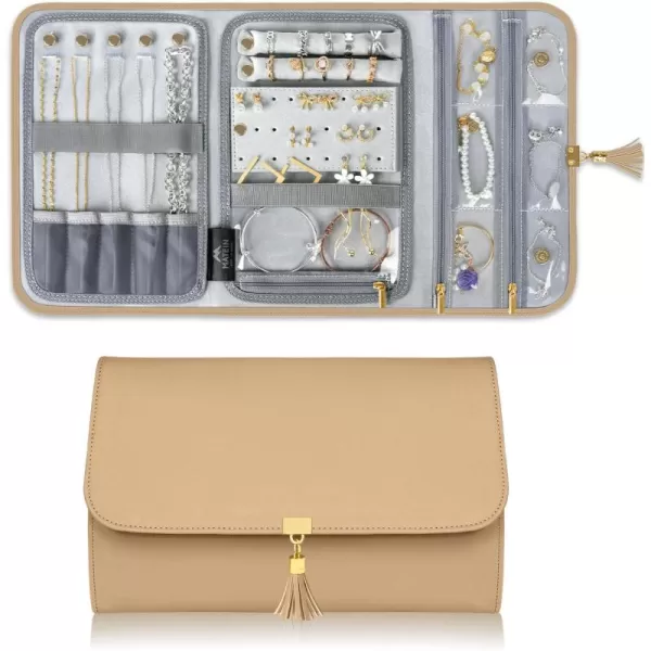 imageMATEIN Jewelry Organizer for Travel Womens PU Leather Large Jewerly Holder with Tassel Travel Necklace Earring Ring Bracelet Storage Case PurpleLight Brown