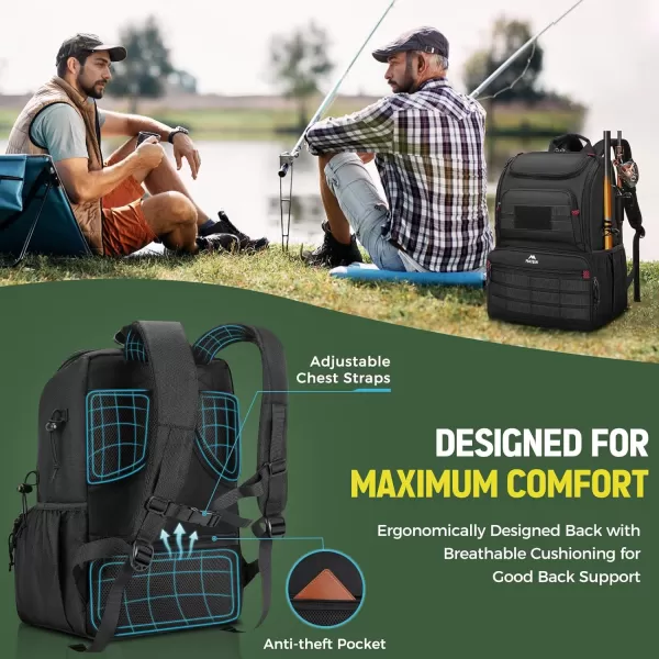imageMATEIN Fishing Backpack Tackle Box Water Resistant Tackle Backpack Fishing Bags with Cooler ampamp Rod Holders Large Fishing Tackle Bag Storage Fishing Gear Accessories Fishing Gifts for Men Black