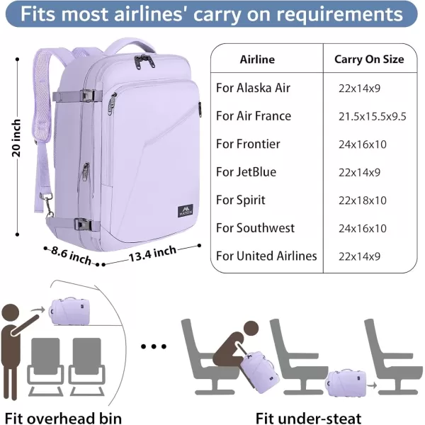 imageMATEIN Carry on Backpack for Women 40L Heavy Duty Travel Backpack Airplane Approved Expandable Simple Fashion Backpack Frequent Traveler Gifts Light PurpleLight Purple