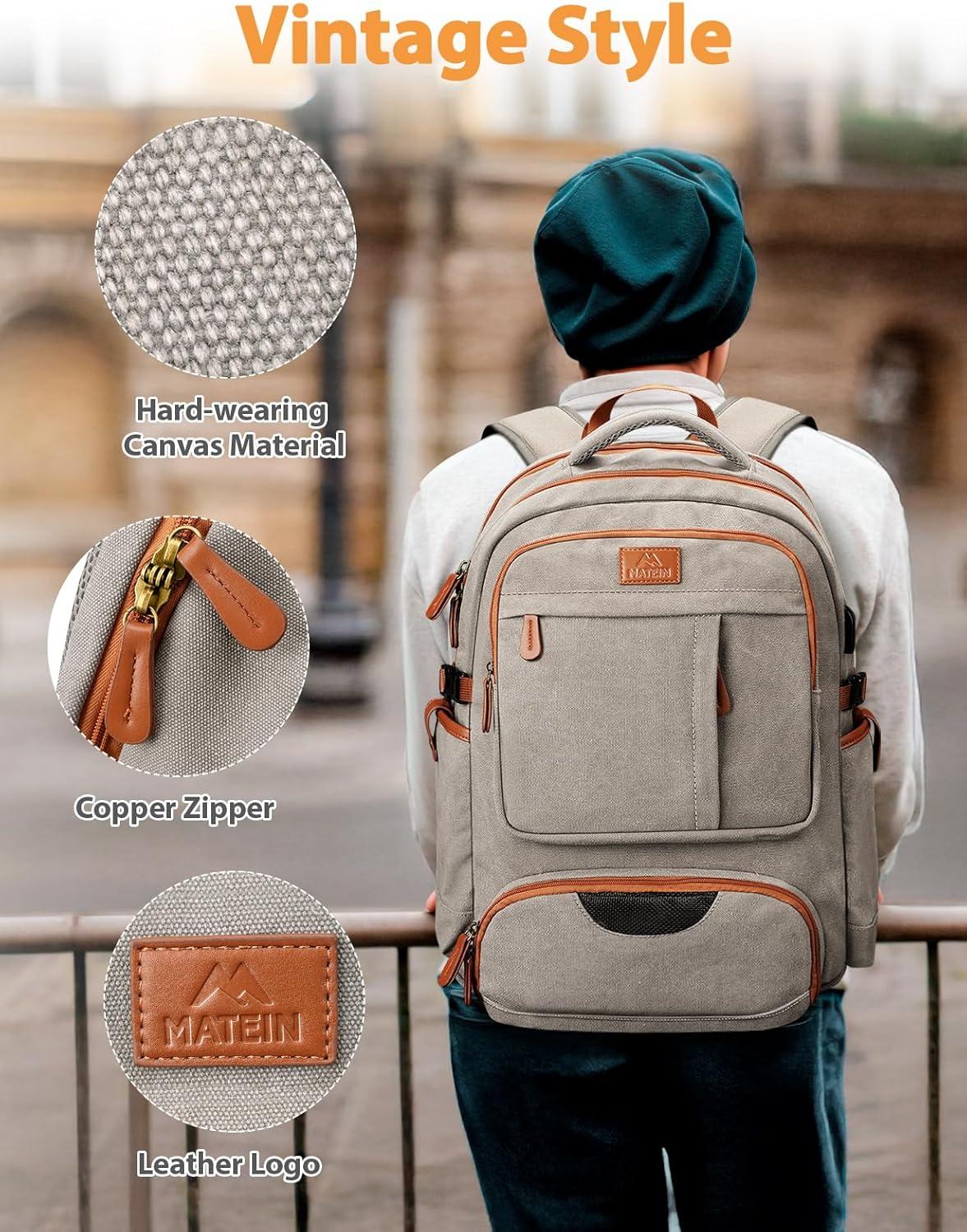 imageMATEIN Canvas Backpack for Men with Shoe Compartment Large TSA Friendly Travel Backpack for 173 inch Laptop Vintage Computer Daypack with USB Port AntiTheft RFID Pocket Waterproof Wet Bag