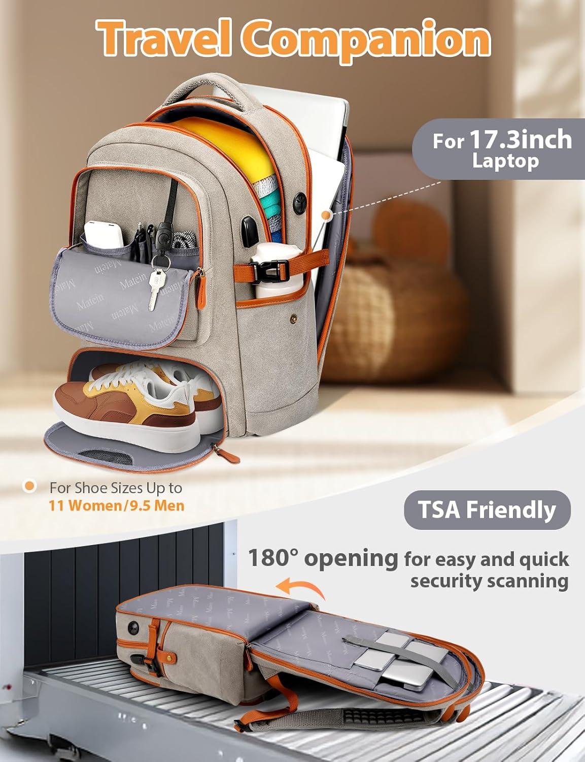 imageMATEIN Canvas Backpack for Men with Shoe Compartment Large TSA Friendly Travel Backpack for 173 inch Laptop Vintage Computer Daypack with USB Port AntiTheft RFID Pocket Waterproof Wet Bag
