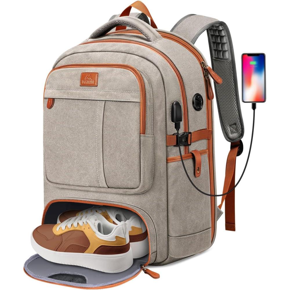 imageMATEIN Canvas Backpack for Men with Shoe Compartment Large TSA Friendly Travel Backpack for 173 inch Laptop Vintage Computer Daypack with USB Port AntiTheft RFID Pocket Waterproof Wet Bag