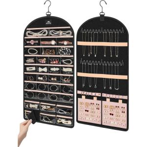 imageMATEIN Hanging Jewelry Organizer with Detachable Travel Jewelry Pouch Tangle Free Necklace Hanger Wall Mount with Metal Hook Large Earring Storage Holder for Bracelet Ring Display Gifts for HerBlack
