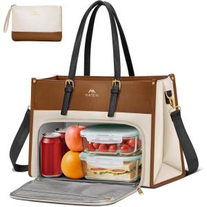 imageMATEIN Lunch Tote Bag for Women 156 Inch PU Leather Laptop Briefcase with Insulated Lunch Compartment Large Capacity Professional Computer Work Handbag with Purse for Office Nurse Teacher 2 SetsBrown