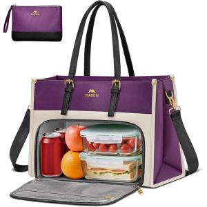 imageMATEIN Lunch Tote Bag for Women 156 Inch PU Leather Laptop Briefcase with Insulated Lunch Compartment Large Capacity Professional Computer Work Handbag with Purse for Office Nurse Teacher 2 SetsPurple