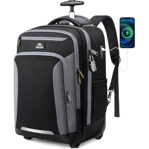 imageMATEIN Rolling Backpack with Wheels Flight Approved Anti Theft Rolling Bookbag Fits 17quot Laptop Roller Carry On Luggage Wheeled College School Suitcase Travel Bag with USB Port for Men Women Black