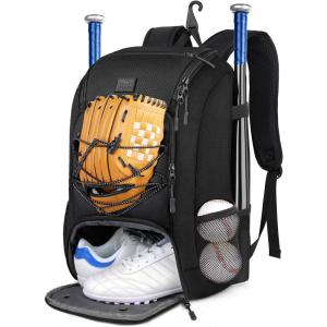 imageMATEIN Baseball Backpack Softball Bat Bag with Shoes Compartment for Youth Boys and Adult Lightweight Baseball Bag with Fence Hook Hold TBall Bat Batting Mitten Helmet Caps Teeball GearBlack